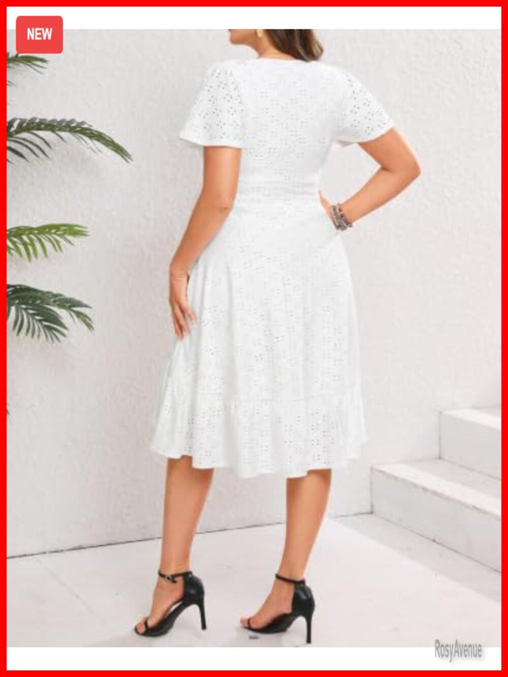 Plus Size Eyelet Midi Dress V-Neck A-Line Casual Summer - Picture 3 of 6